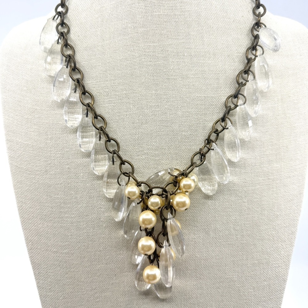 Y2K Vintage Faux Pearl & Crystal Teardrop Statement Necklace Gift